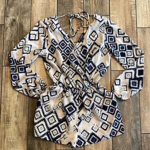 One Clothing Blue and Cream Geometric Romper